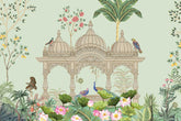 Nature-inspired wallpaper with birds and plants in a traditional art style